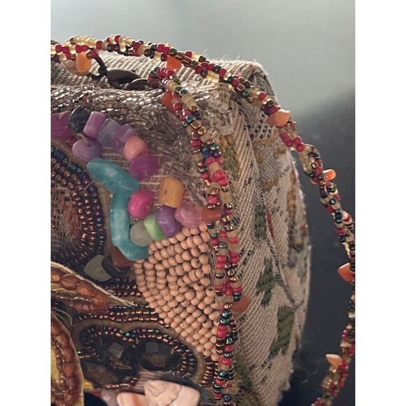 Tapestry Handbag Elegantly Beaded in Multicolors With Applied Vinyl Flower - Picture 4 of 10